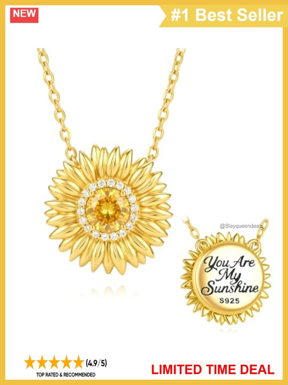 Sunflower Spinner Necklace 925 Sterling Silver Gold Plated Pendant